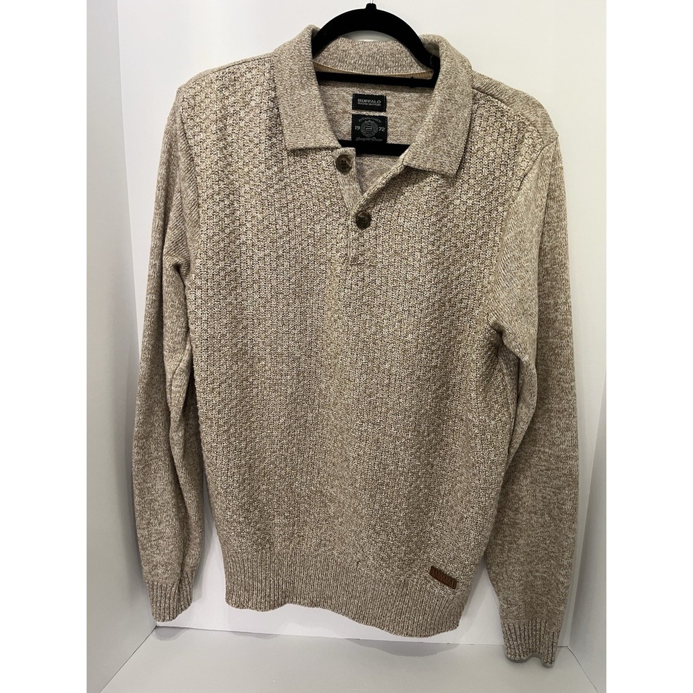Buffalo David Bitton Men's Textured Knit Polo Sweater Beige Jute Mix Medium-A249